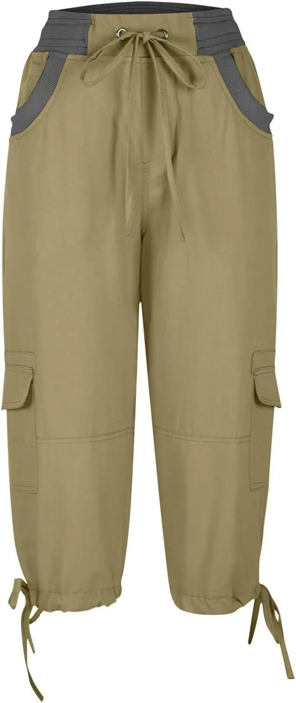 Womens Cargo Capris Drawstring Low Waisted Hiking Pants Casual Lightweight Summer Pants Cotton Joggers with Pockets
