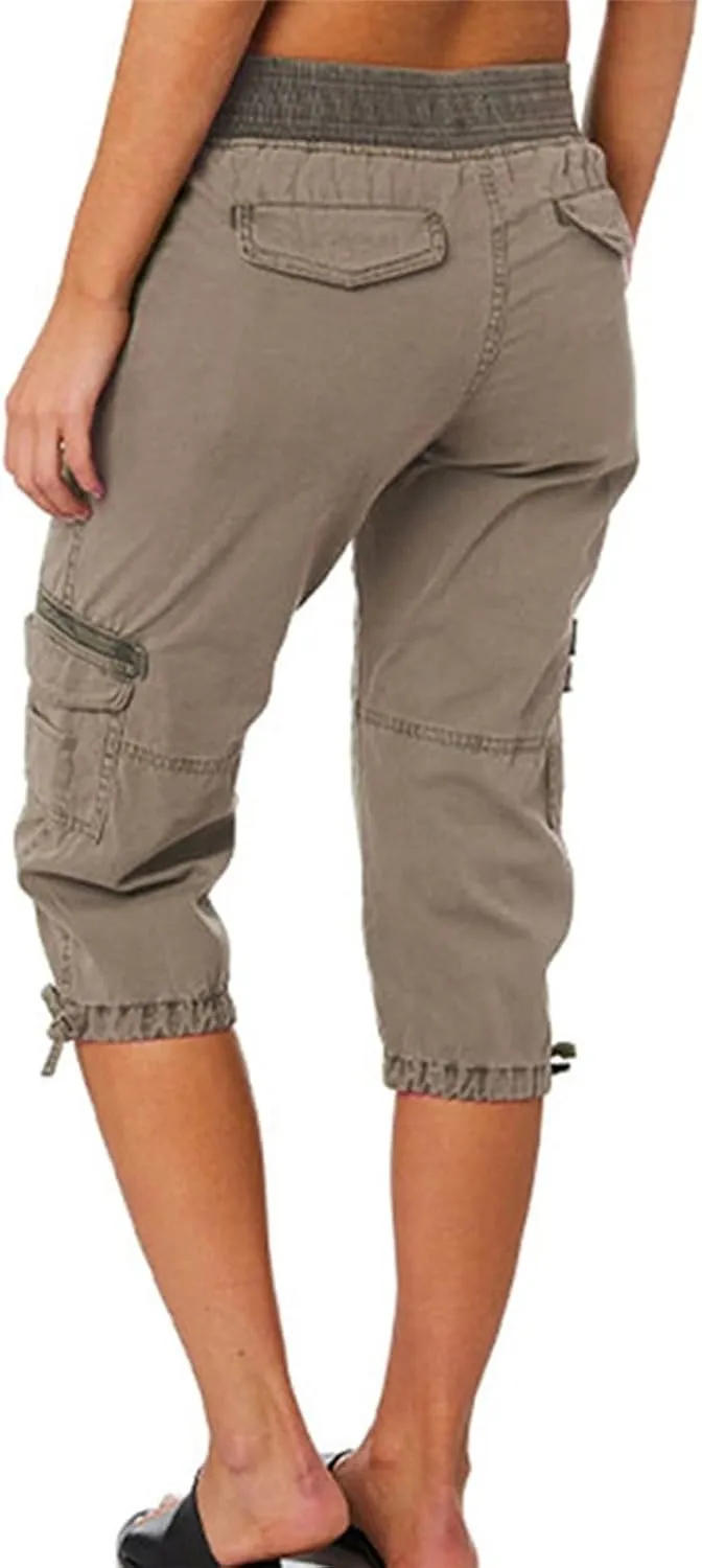 Womens Cargo Capris Drawstring Low Waisted Hiking Pants Casual Lightweight Summer Pants Cotton Joggers with Pockets
