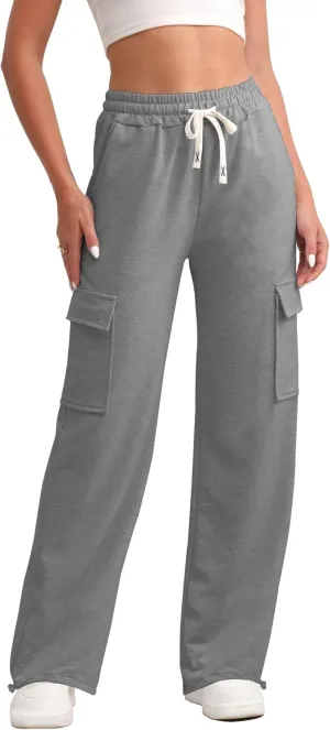 Womens Cargo Sweatpants Casual Baggy High Waisted Joggers Pants with Pockets Straight Leg Pants