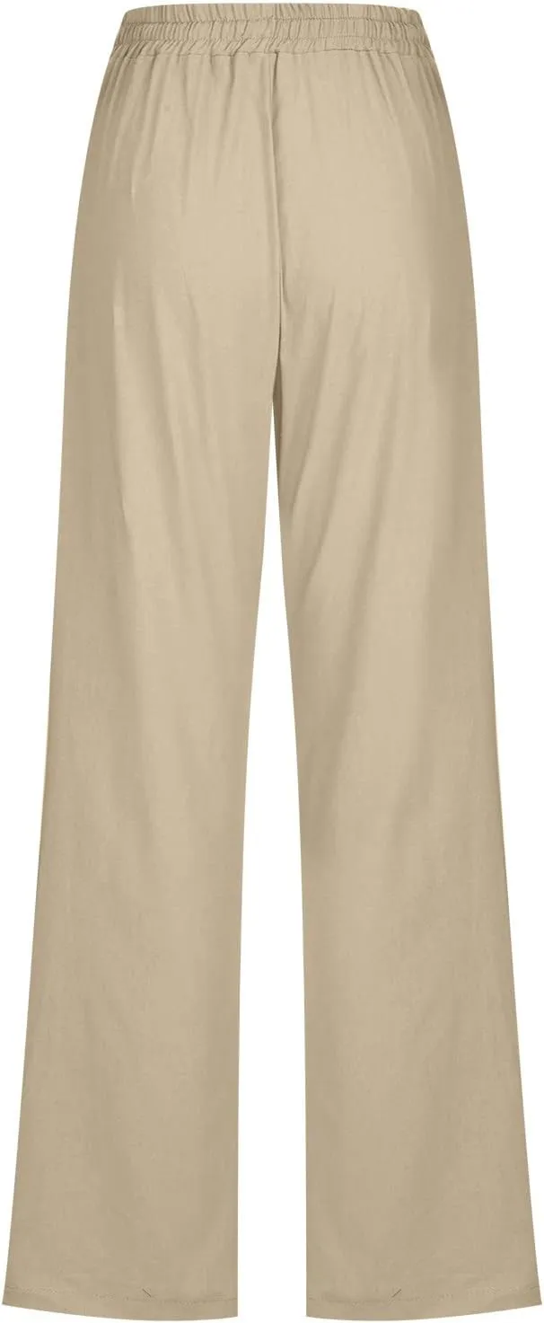 Women's Casual Cotton Linen Pants Lightweight Summer Elastic Waist Straight Leg Lounge Long Trousers with Pockets