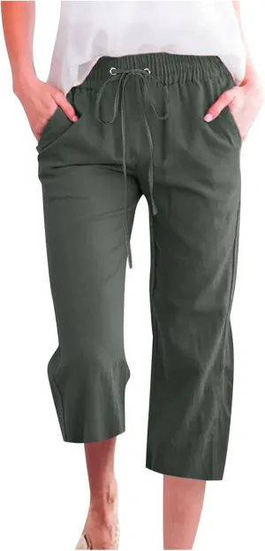 Womens Casual Cotton Linen Pants Lightweight Summer Loose Fit Elastic Waist Capris Solid Lounge Cropped Trousers