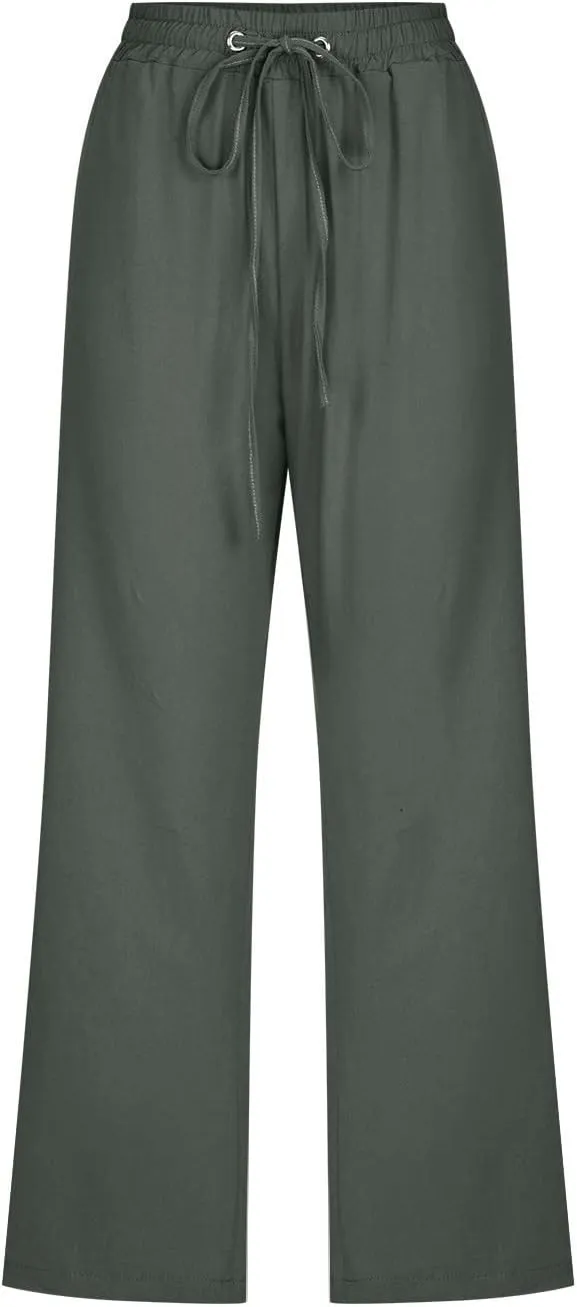 Womens Casual Cotton Linen Pants Lightweight Summer Loose Fit Elastic Waist Capris Solid Lounge Cropped Trousers