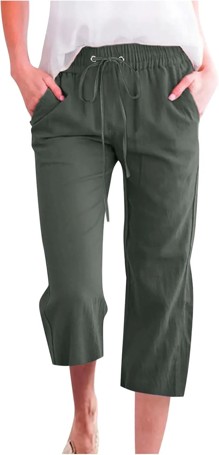 Womens Casual Cotton Linen Pants Lightweight Summer Loose Fit Elastic Waist Capris Solid Lounge Cropped Trousers