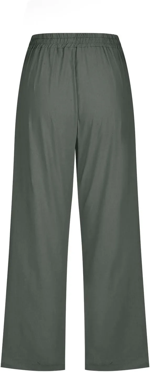 Womens Casual Cotton Linen Pants Lightweight Summer Loose Fit Elastic Waist Capris Solid Lounge Cropped Trousers