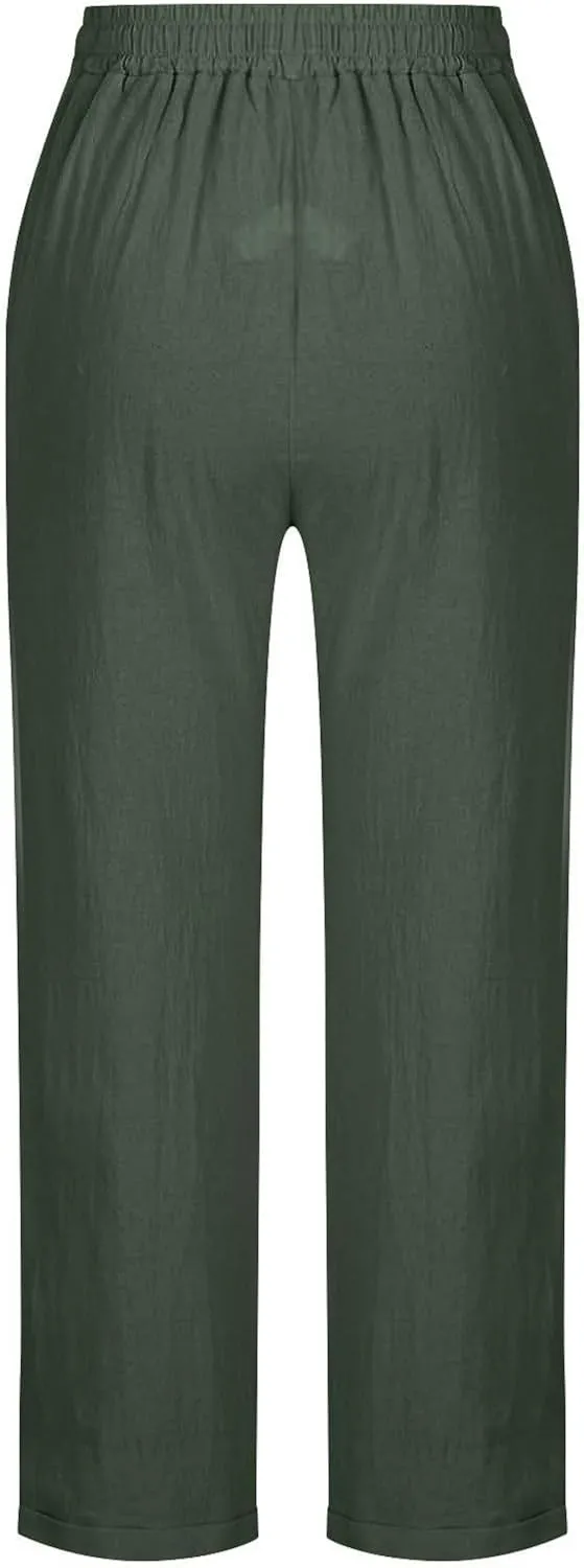 Womens Cotton Linen Straight Leg Pants Elastic Drawstring Casual Trousers with Pockets Summer Beach Loose Lounge Pant