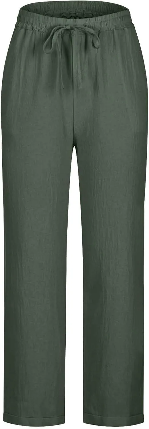 Womens Cotton Linen Straight Leg Pants Elastic Drawstring Casual Trousers with Pockets Summer Beach Loose Lounge Pant