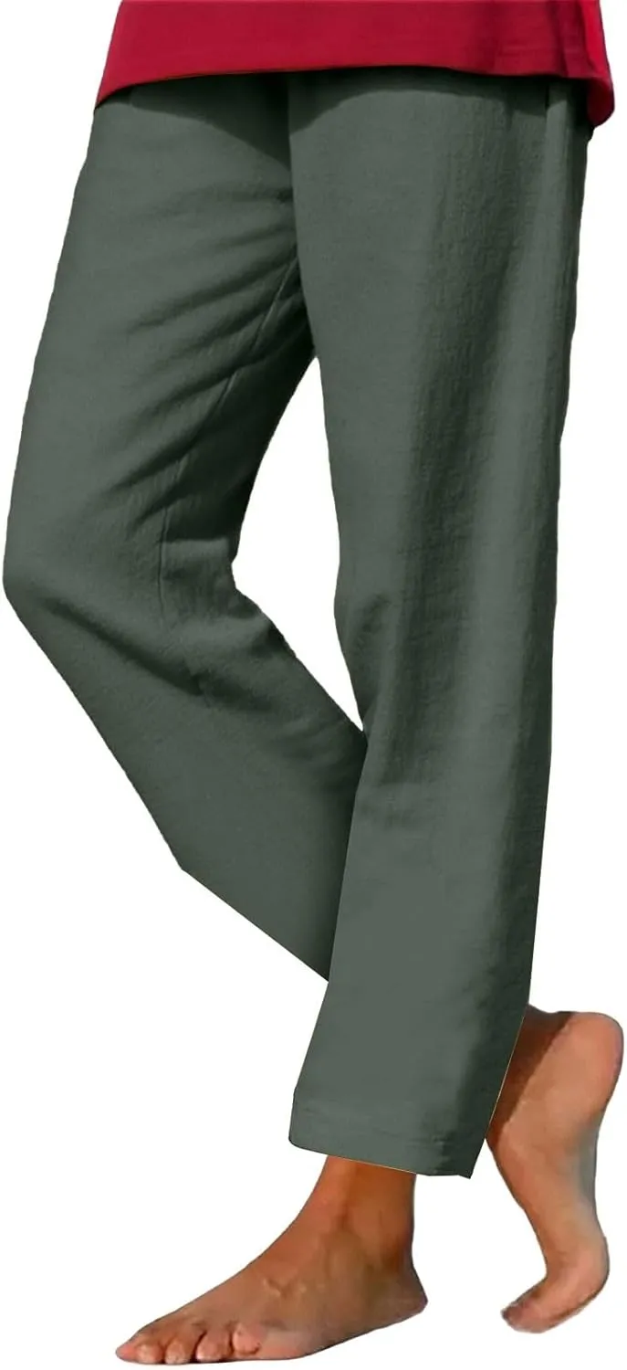 Womens Cotton Linen Straight Leg Pants Elastic Drawstring Casual Trousers with Pockets Summer Beach Loose Lounge Pant