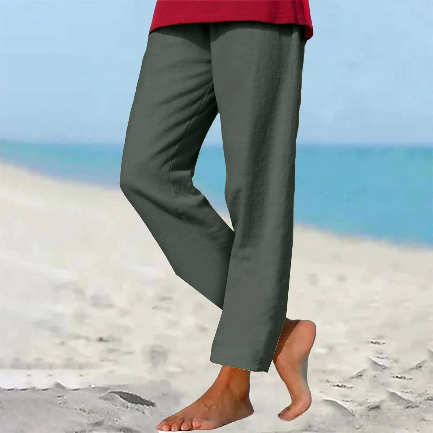 Womens Cotton Linen Straight Leg Pants Elastic Drawstring Casual Trousers with Pockets Summer Beach Loose Lounge Pant