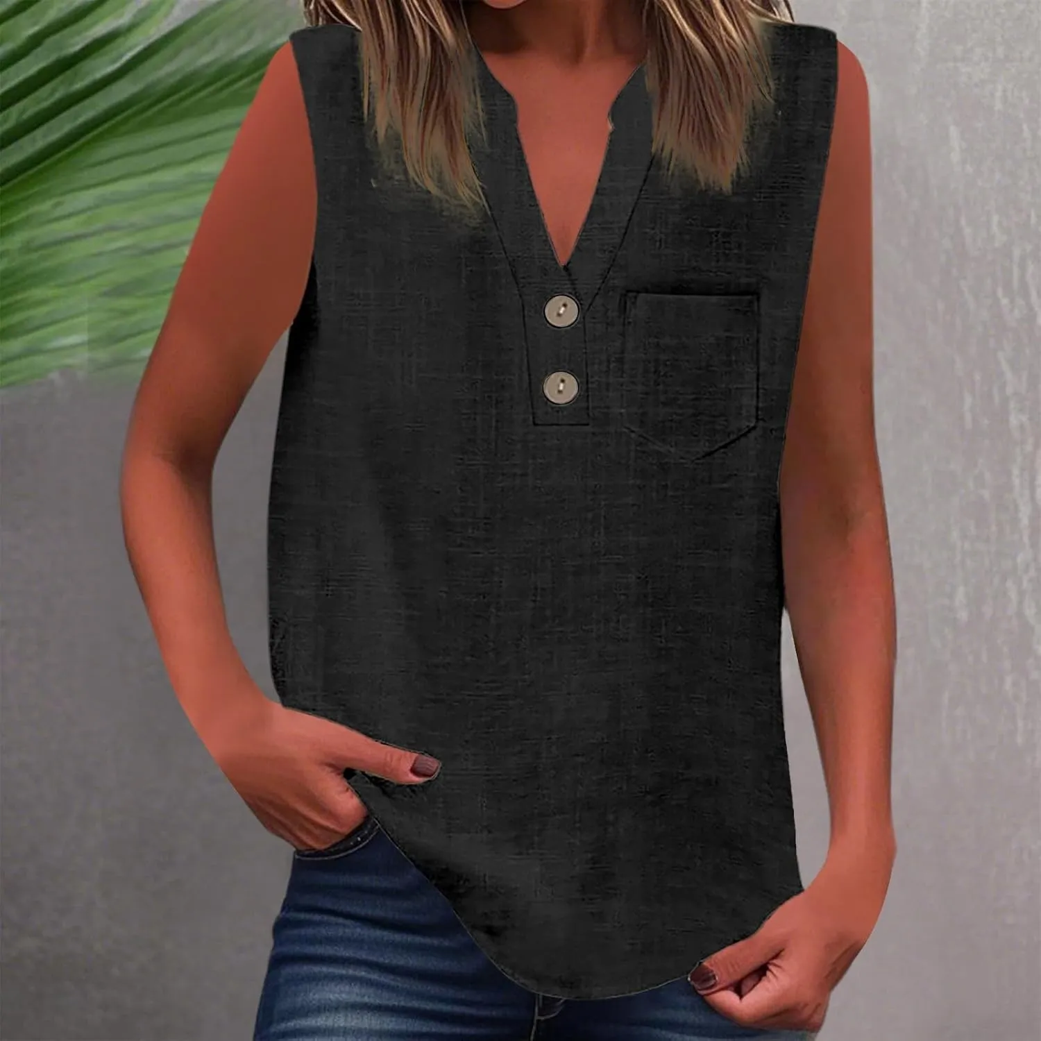 Women's Cotton Linen Tops Summer Breathable Sleeveless V-Neck Button Shirts with Pockets for Office/Vacation​