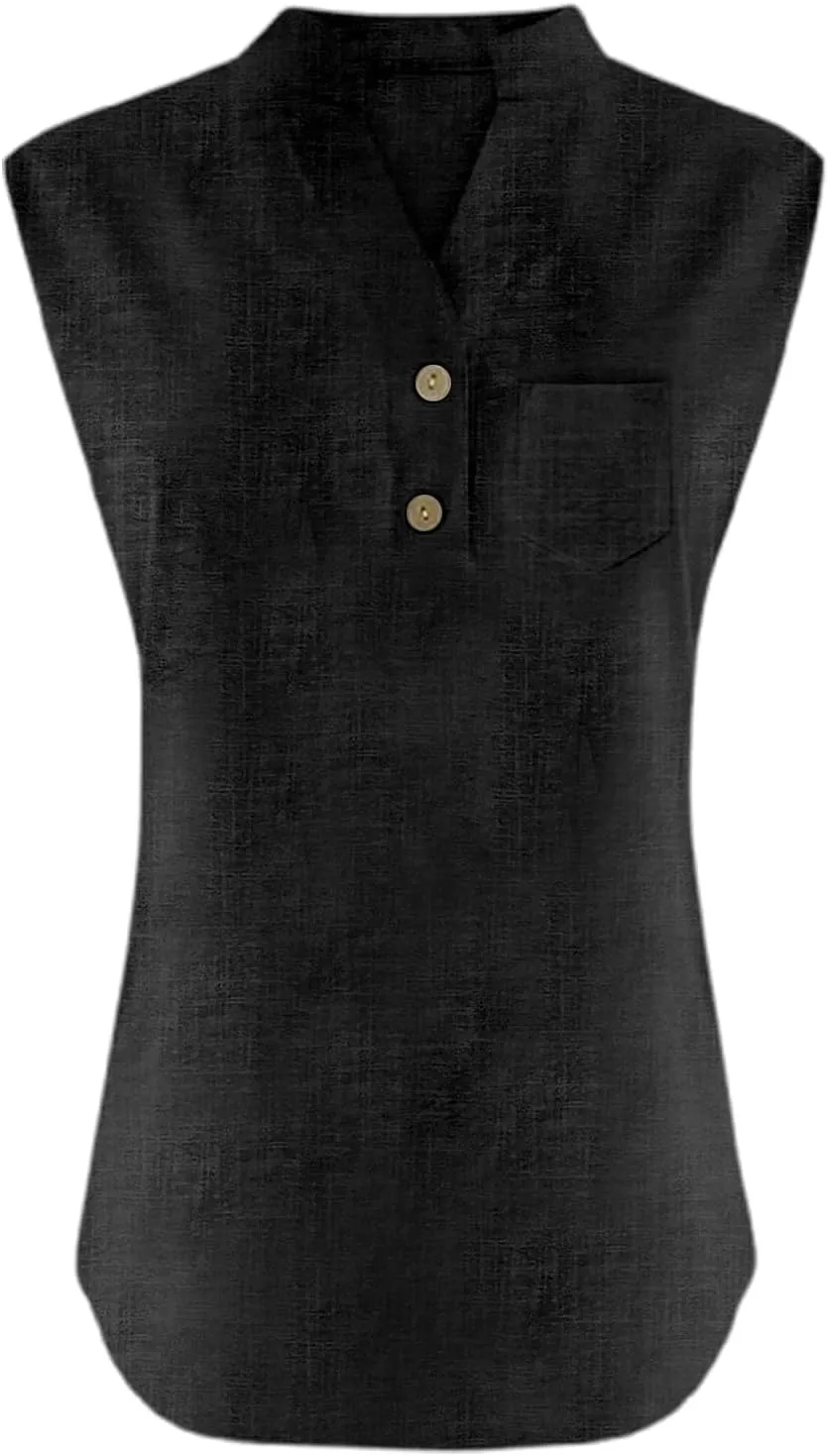 Women's Cotton Linen Tops Summer Breathable Sleeveless V-Neck Button Shirts with Pockets for Office/Vacation​