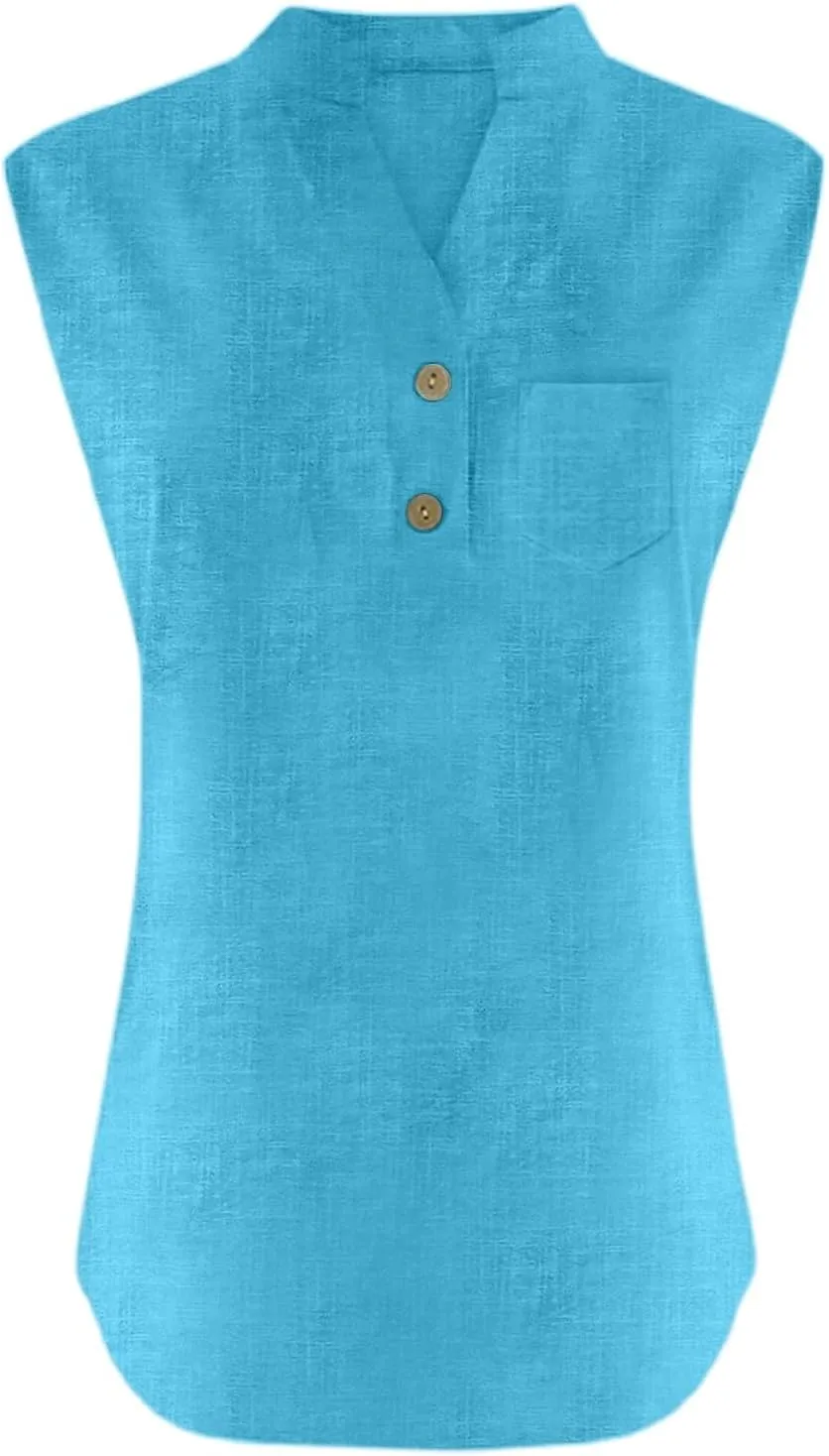 Women's Cotton Linen Tops Summer Breathable Sleeveless V-Neck Button Shirts with Pockets for Office/Vacation​