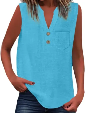 Women's Cotton Linen Tops Summer Breathable Sleeveless V-Neck Button Shirts with Pockets for Office/Vacation​
