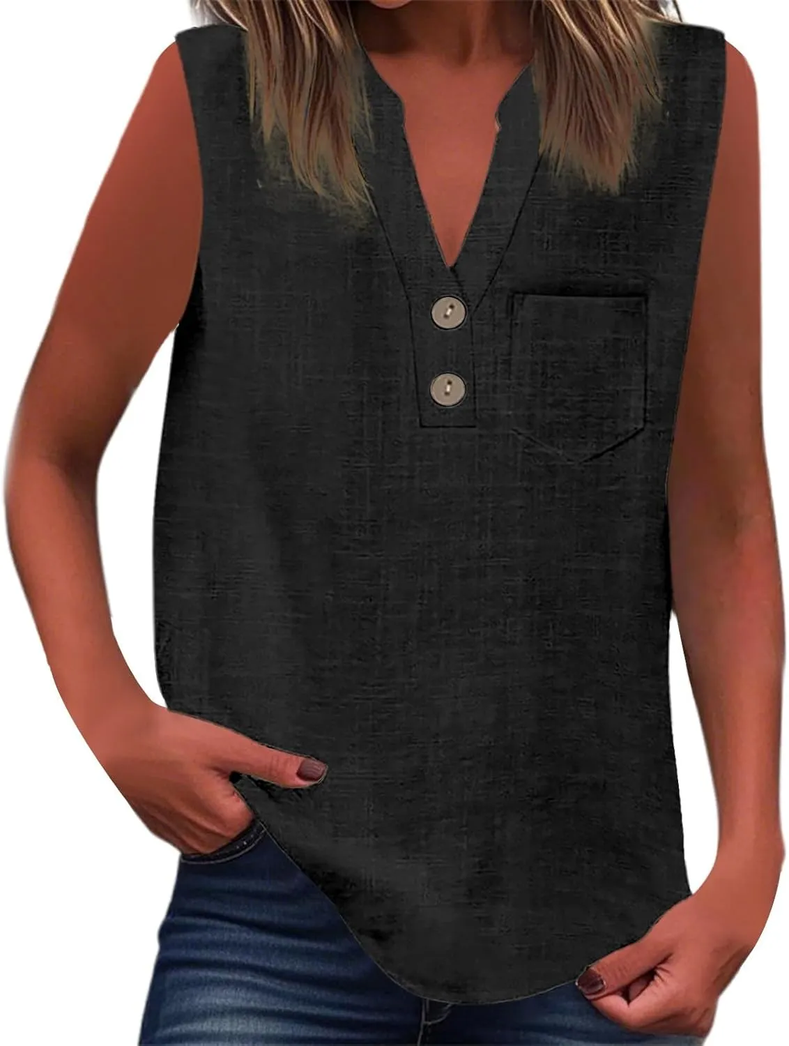 Women's Cotton Linen Tops Summer Breathable Sleeveless V-Neck Button Shirts with Pockets for Office/Vacation​