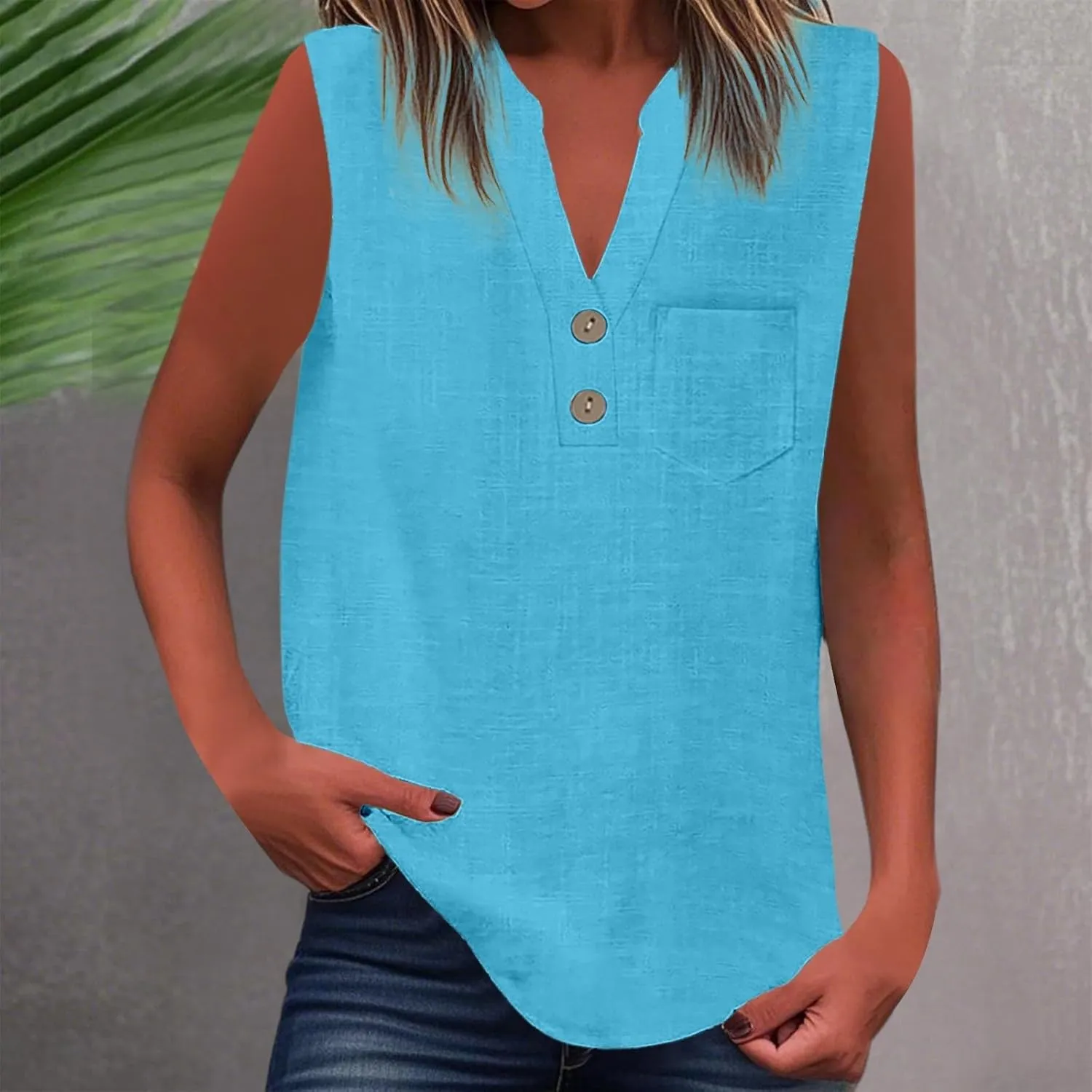 Women's Cotton Linen Tops Summer Breathable Sleeveless V-Neck Button Shirts with Pockets for Office/Vacation​