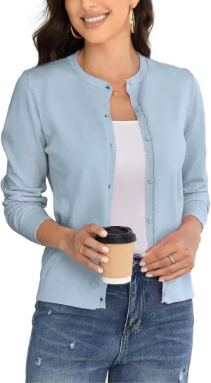 Women's Crew Neck Button Down Long Sleeve Cardigan for Women Classic Soft Knit Ladies Cardigan Sweater Coat