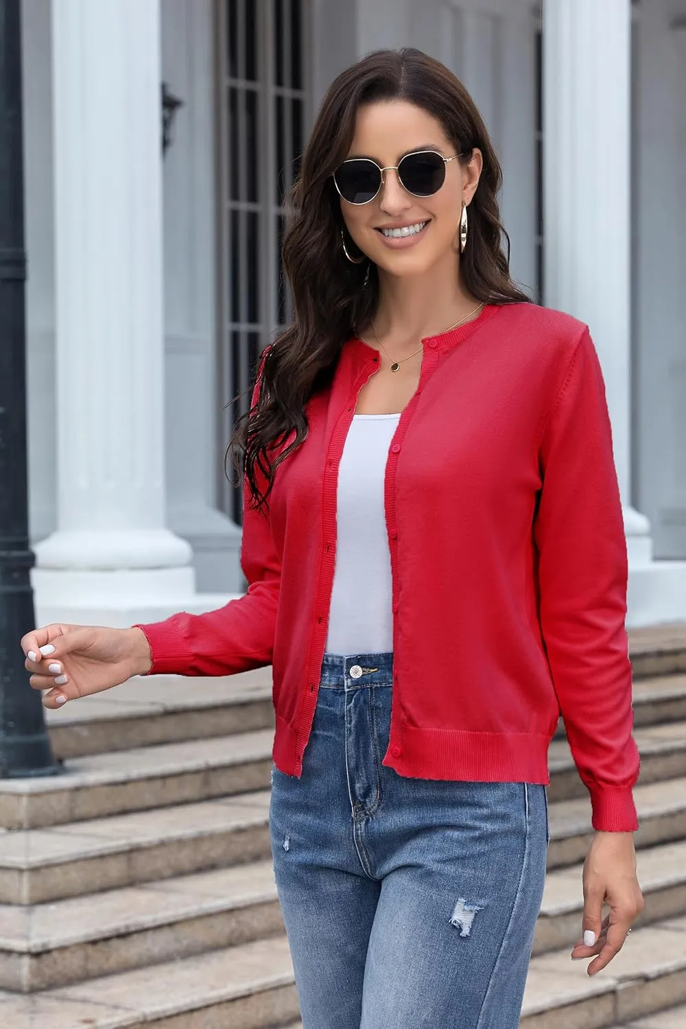 Women's Crew Neck Button Down Long Sleeve Cardigan for Women Classic Soft Knit Ladies Cardigan Sweater Coat