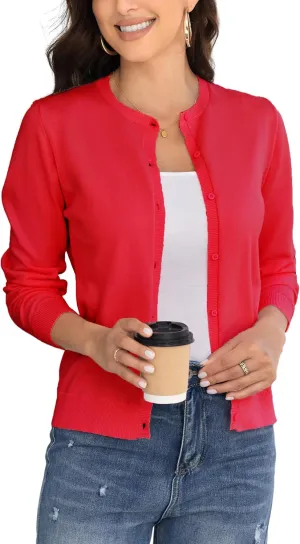 Women's Crew Neck Button Down Long Sleeve Cardigan for Women Classic Soft Knit Ladies Cardigan Sweater Coat