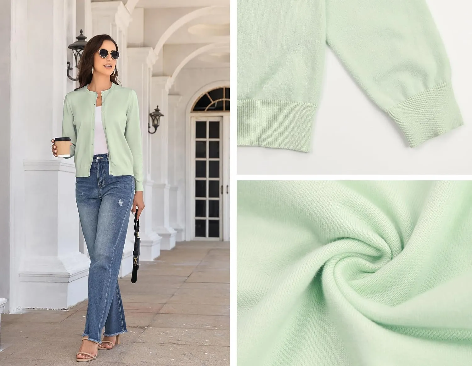 Women's Crew Neck Button Down Long Sleeve Cardigan for Women Classic Soft Knit Ladies Cardigan Sweater Coat