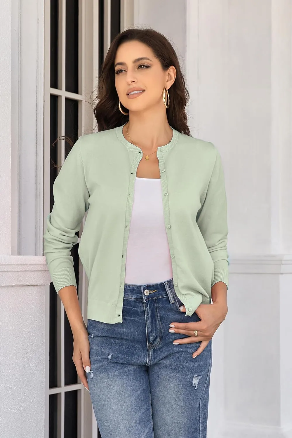 Women's Crew Neck Button Down Long Sleeve Cardigan for Women Classic Soft Knit Ladies Cardigan Sweater Coat