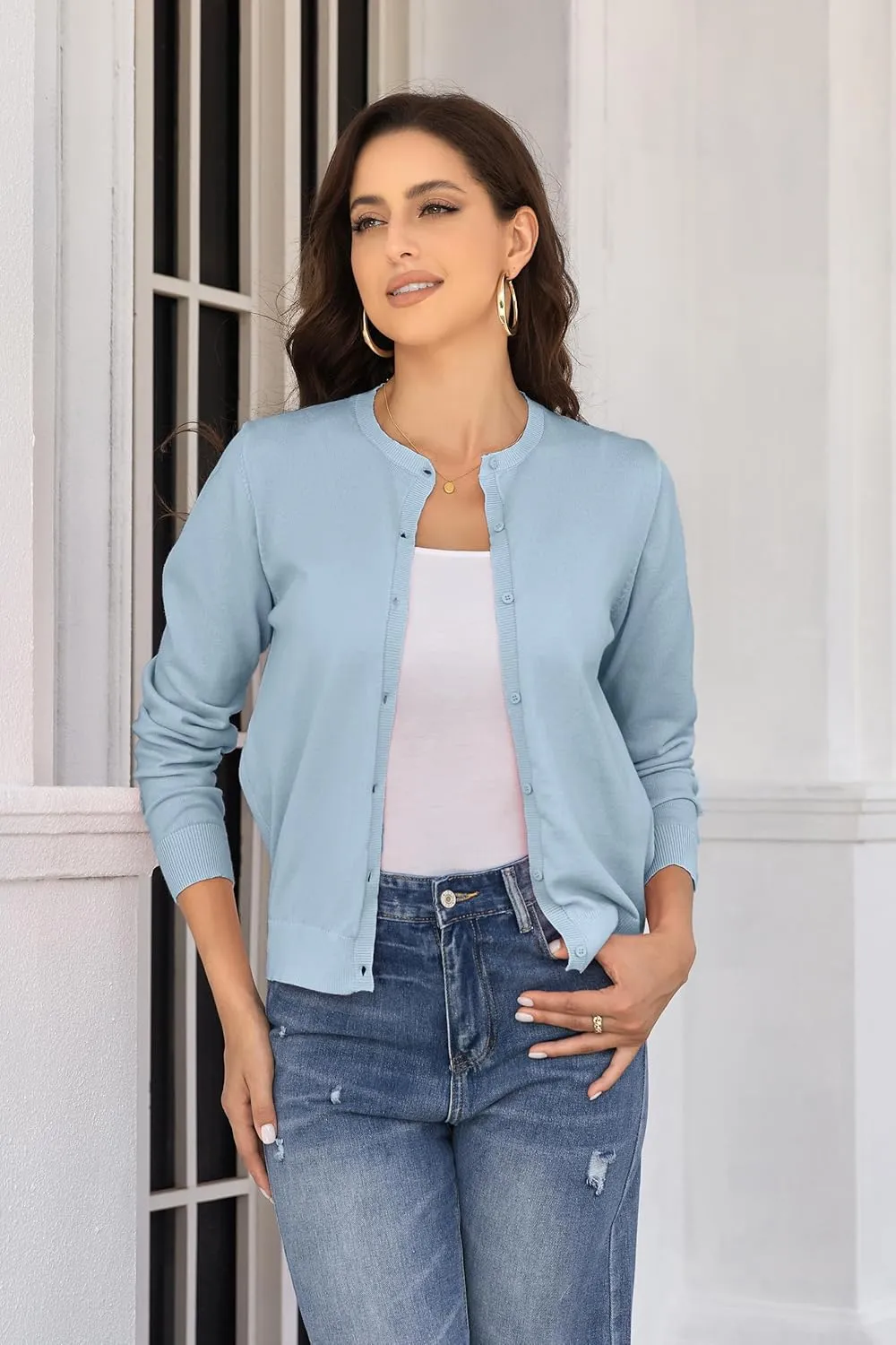 Women's Crew Neck Button Down Long Sleeve Cardigan for Women Classic Soft Knit Ladies Cardigan Sweater Coat