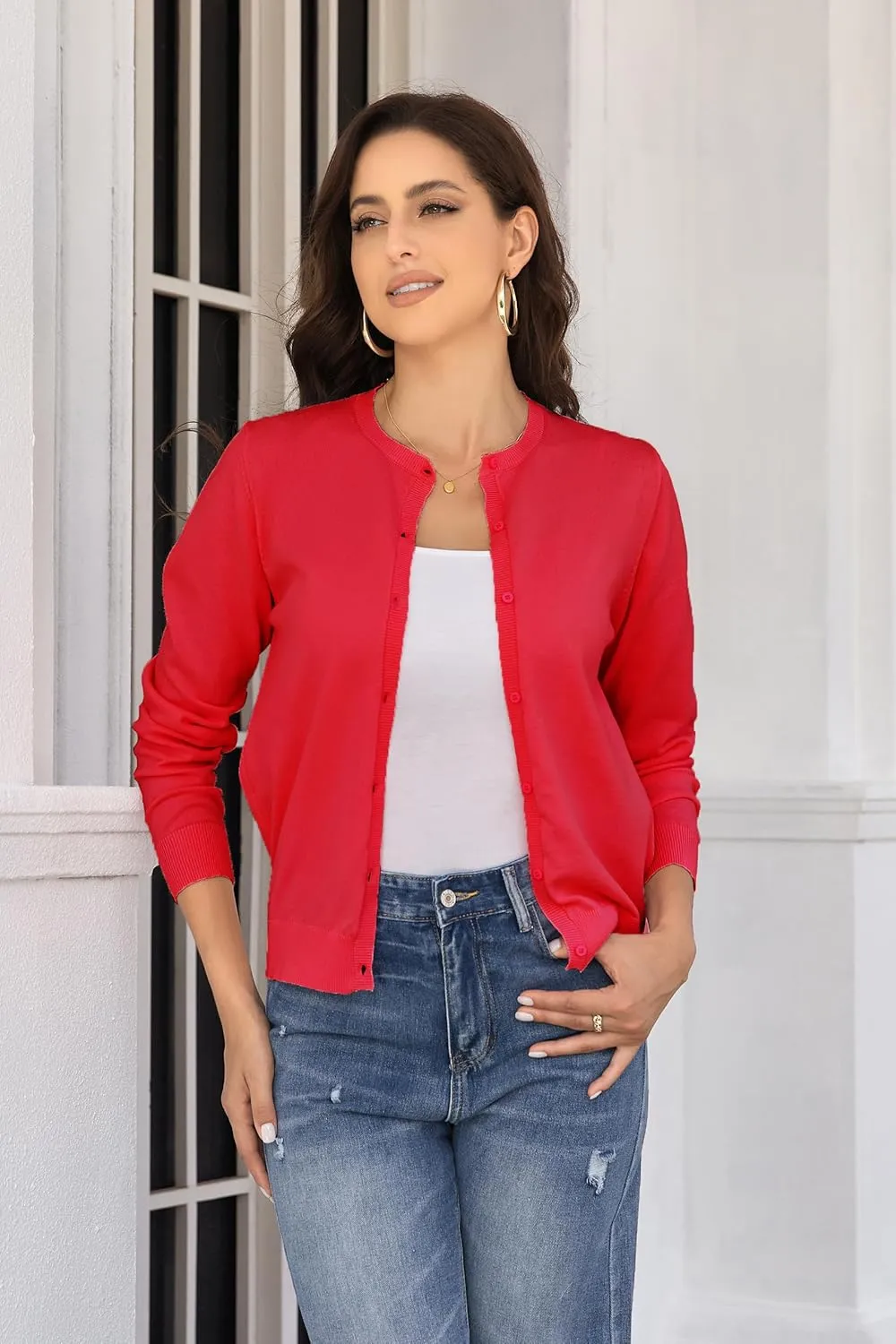 Women's Crew Neck Button Down Long Sleeve Cardigan for Women Classic Soft Knit Ladies Cardigan Sweater Coat