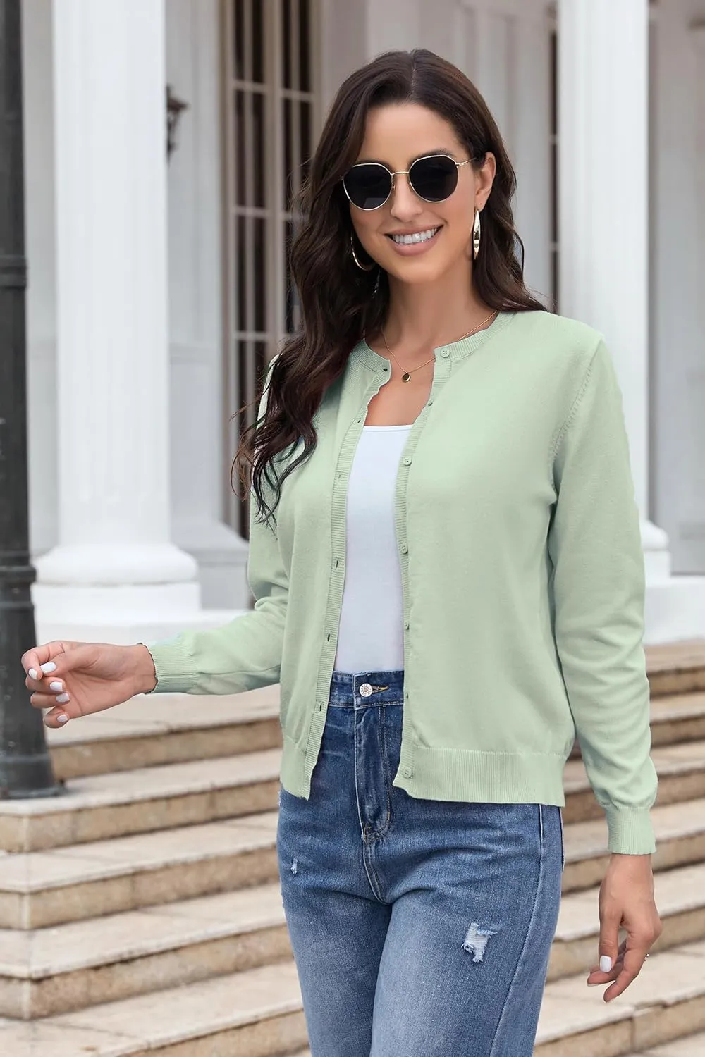 Women's Crew Neck Button Down Long Sleeve Cardigan for Women Classic Soft Knit Ladies Cardigan Sweater Coat