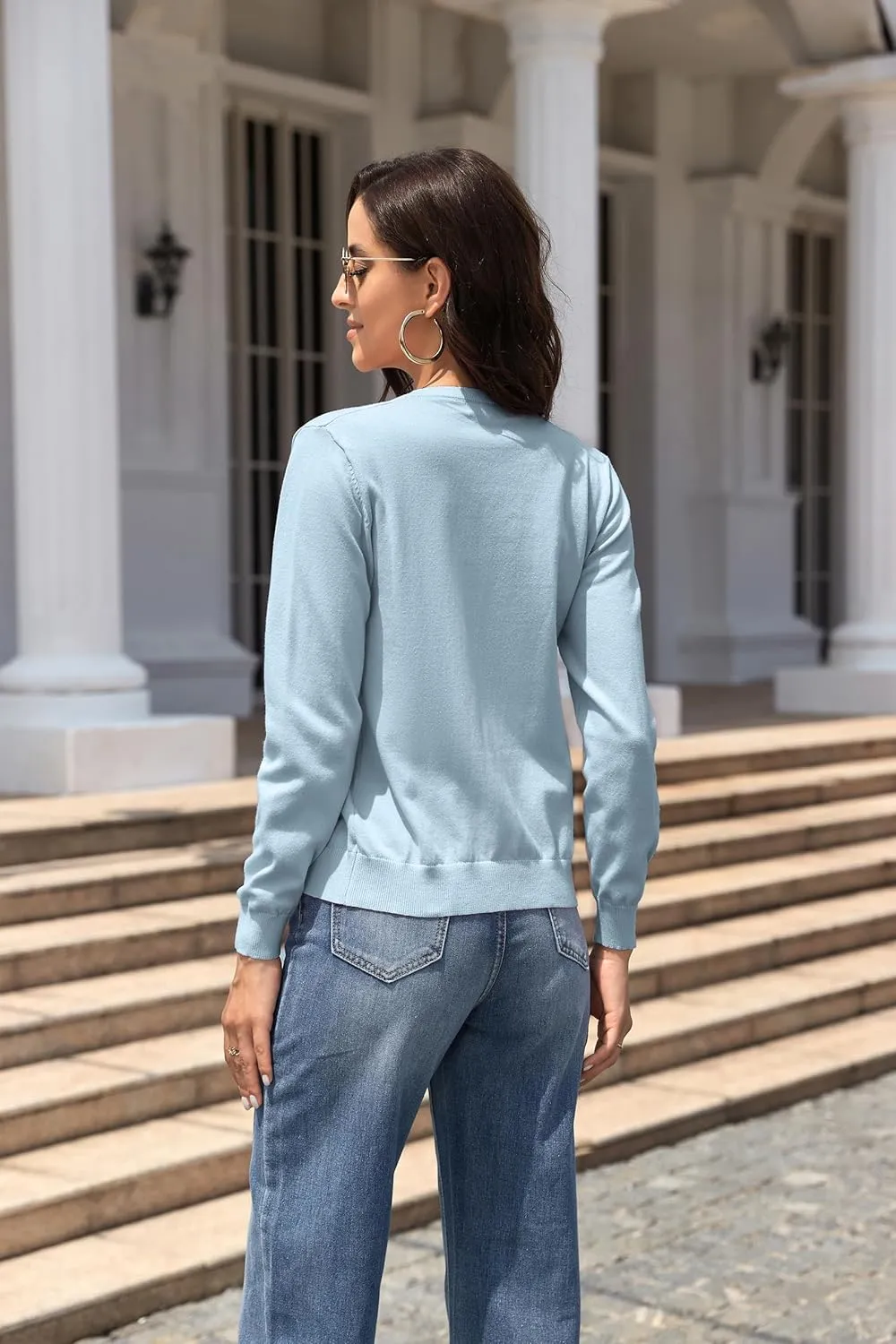 Women's Crew Neck Button Down Long Sleeve Cardigan for Women Classic Soft Knit Ladies Cardigan Sweater Coat