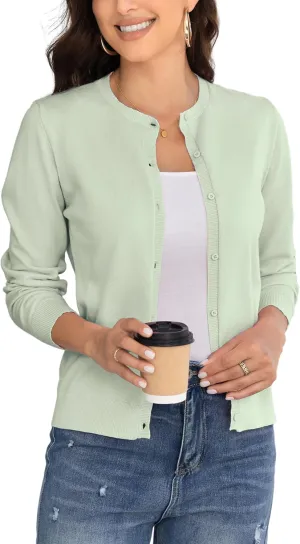 Women's Crew Neck Button Down Long Sleeve Cardigan for Women Classic Soft Knit Ladies Cardigan Sweater Coat