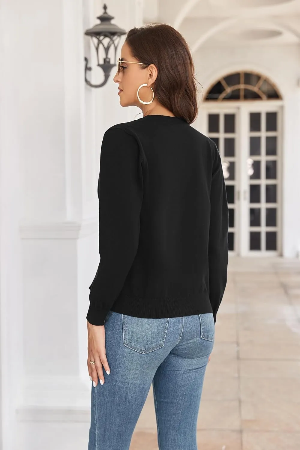 Women's Crew Neck Button Down Long Sleeve Cardigan for Women Classic Soft Knit Ladies Cardigan Sweater Coat