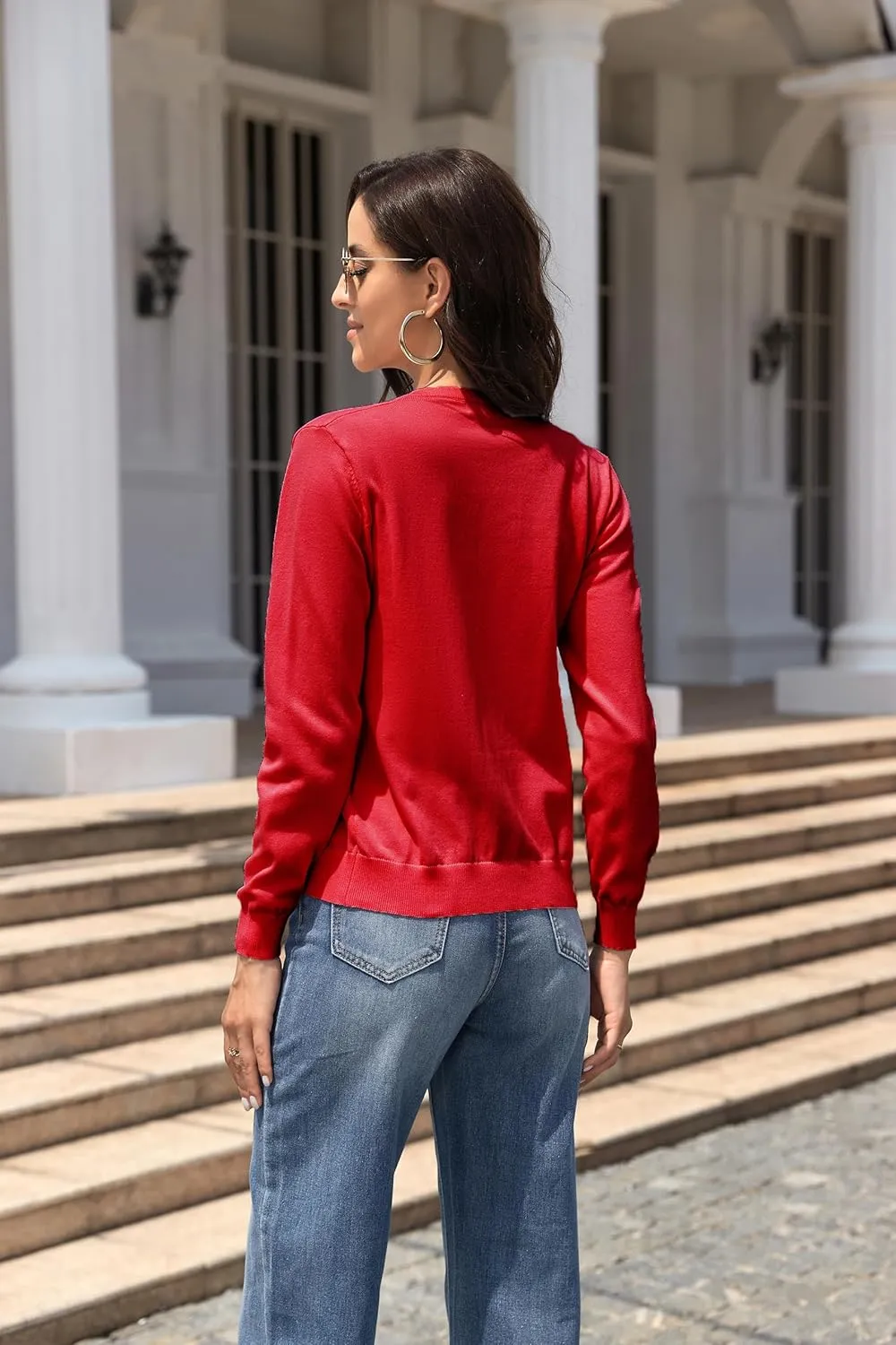 Women's Crew Neck Button Down Long Sleeve Cardigan for Women Classic Soft Knit Ladies Cardigan Sweater Coat