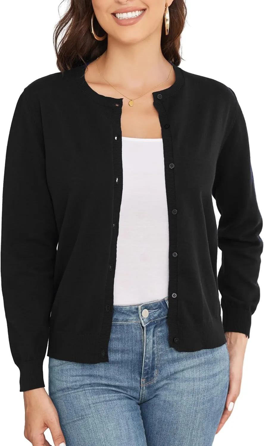 Women's Crew Neck Button Down Long Sleeve Cardigan for Women Classic Soft Knit Ladies Cardigan Sweater Coat