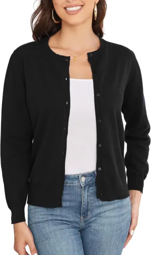 Women's Crew Neck Button Down Long Sleeve Cardigan for Women Classic Soft Knit Ladies Cardigan Sweater Coat