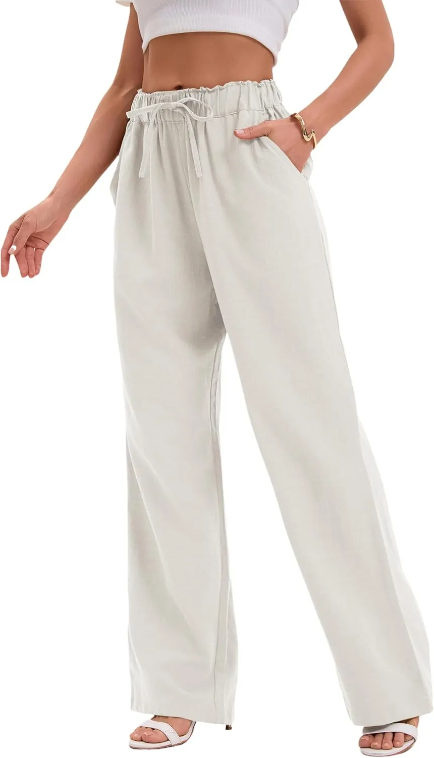 Women's Drawstring Elastic Waist Wide Leg Cotton Linen Yoga Long Pants