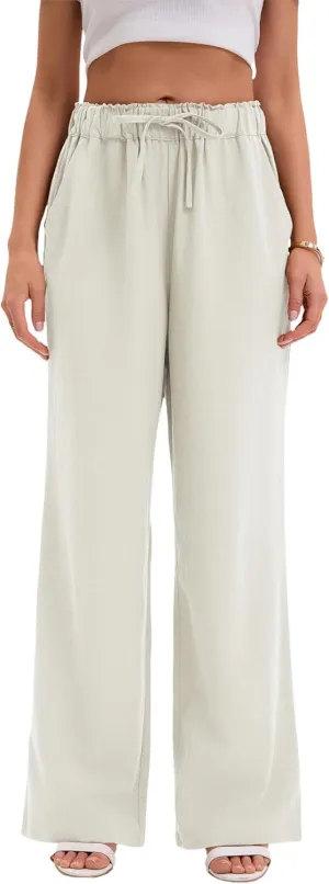 Women's Drawstring Elastic Waist Wide Leg Cotton Linen Yoga Long Pants