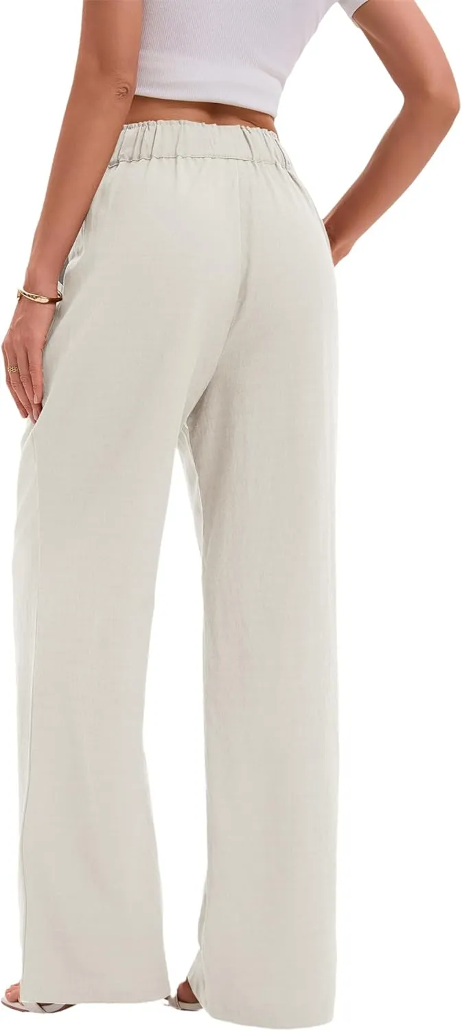 Women's Drawstring Elastic Waist Wide Leg Cotton Linen Yoga Long Pants