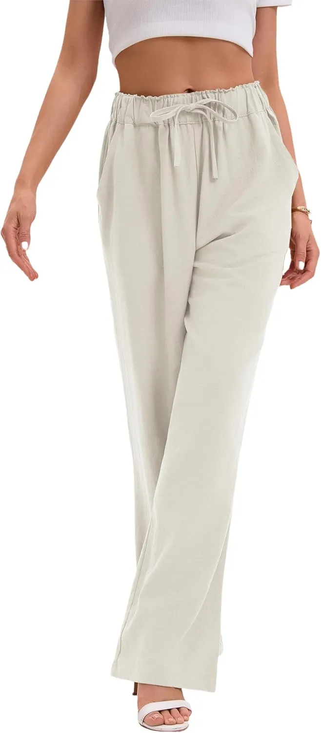 Women's Drawstring Elastic Waist Wide Leg Cotton Linen Yoga Long Pants