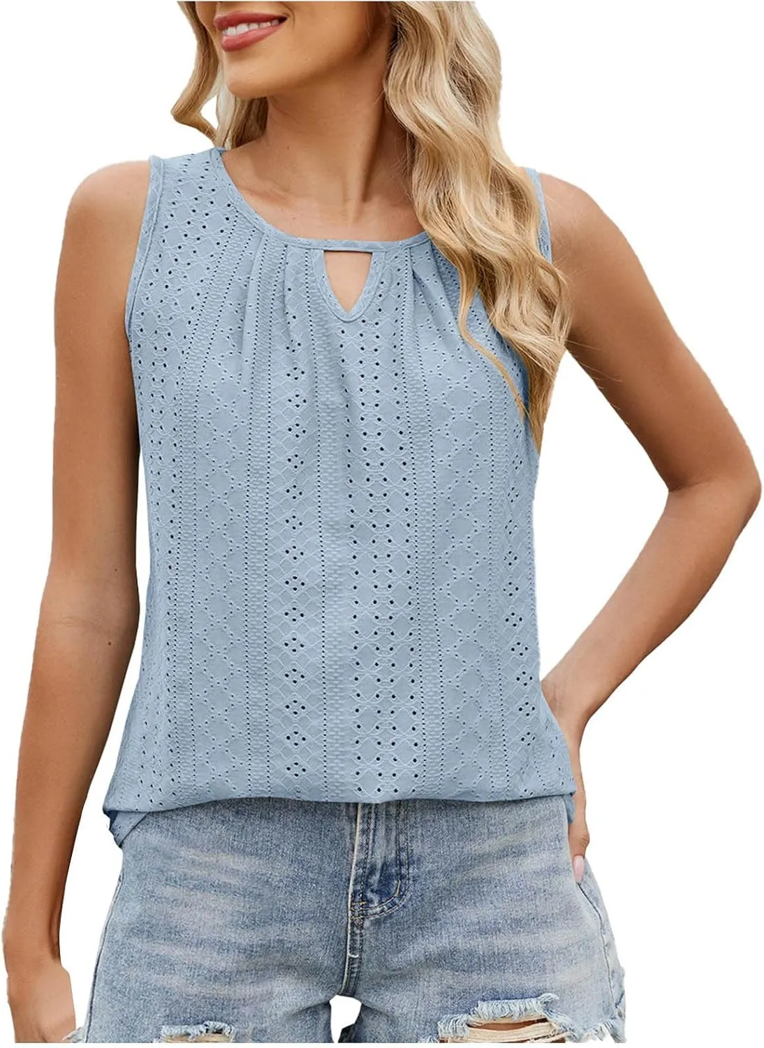 Women's Eyelet Embroidery Tank Tops Summer Keyhole Neck Sleeveless Hollow T-Shirts Casual Beach Coverup Tanks Blouse
