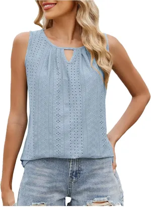 Women's Eyelet Embroidery Tank Tops Summer Keyhole Neck Sleeveless Hollow T-Shirts Casual Beach Coverup Tanks Blouse