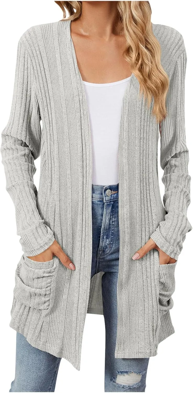 Womens Fall Fashion 2024 Cardigan Sweaters Open Front Casual Soft Knit Cardigans Long Sleeve Outerwear with Pockets