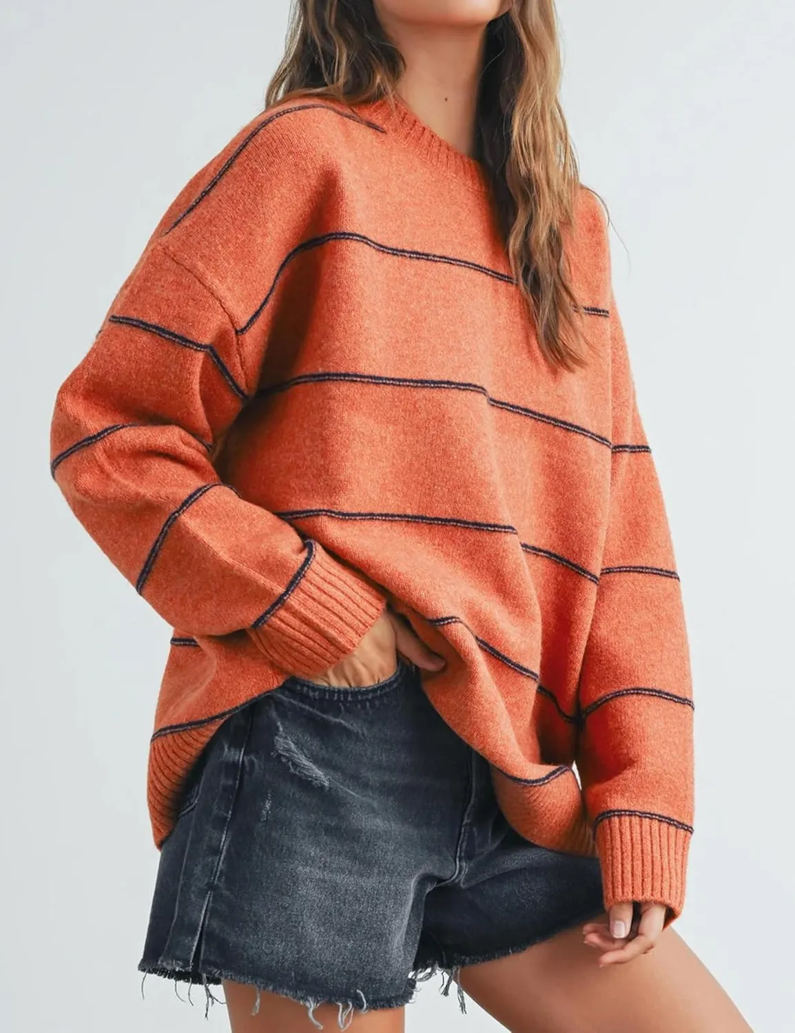 Womens Fall Striped Sweater Lightweight Long Sleeve Cable Soft Knit Oversized Pullover Sweaters Top