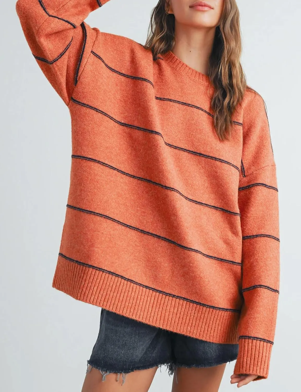 Womens Fall Striped Sweater Lightweight Long Sleeve Cable Soft Knit Oversized Pullover Sweaters Top