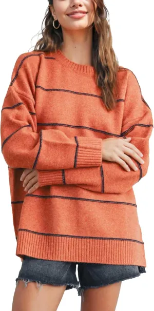 Womens Fall Striped Sweater Lightweight Long Sleeve Cable Soft Knit Oversized Pullover Sweaters Top