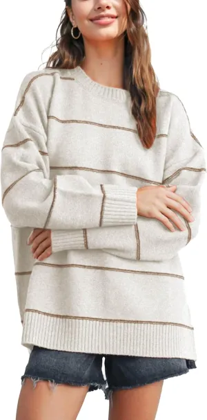 Womens Fall Striped Sweater Lightweight Long Sleeve Cable Soft Knit Oversized Pullover Sweaters Top