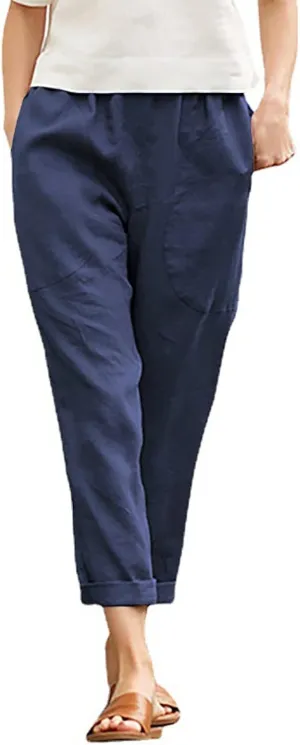 Women's Fashion Cotton Linen Trousers-Fashion Casual Elastic Slim Nine-Quarter Pants Sports Basic Straight Pants with Pockets