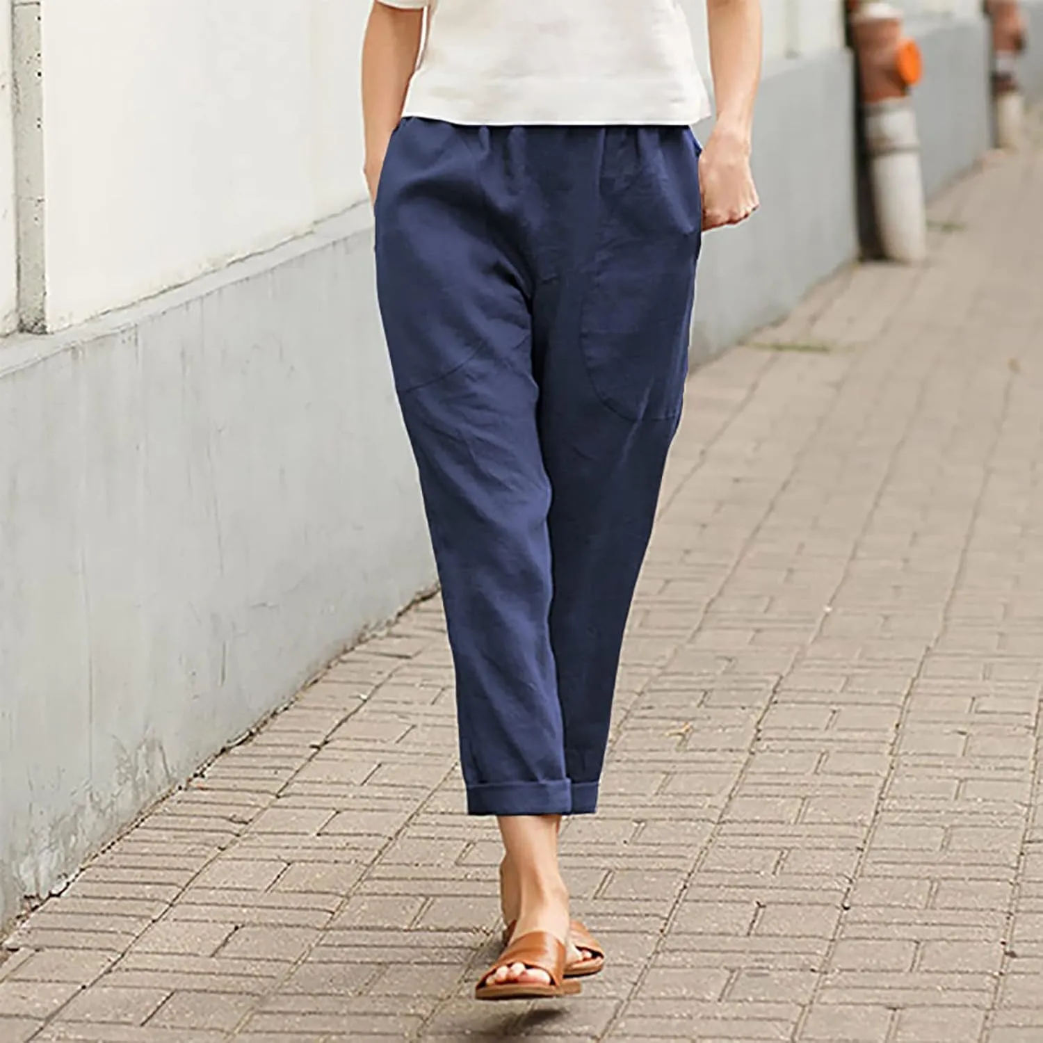 Women's Fashion Cotton Linen Trousers-Fashion Casual Elastic Slim Nine-Quarter Pants Sports Basic Straight Pants with Pockets