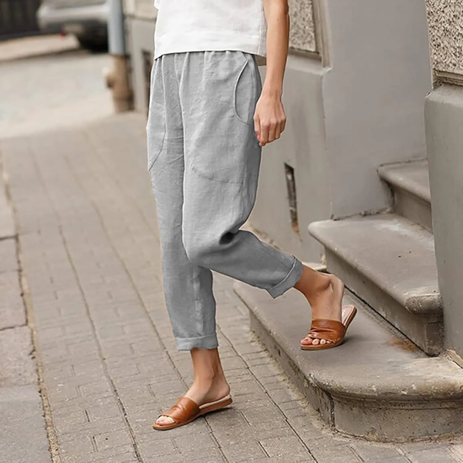 Women's Fashion Cotton Linen Trousers-Fashion Casual Elastic Slim Nine-Quarter Pants Sports Basic Straight Pants with Pockets