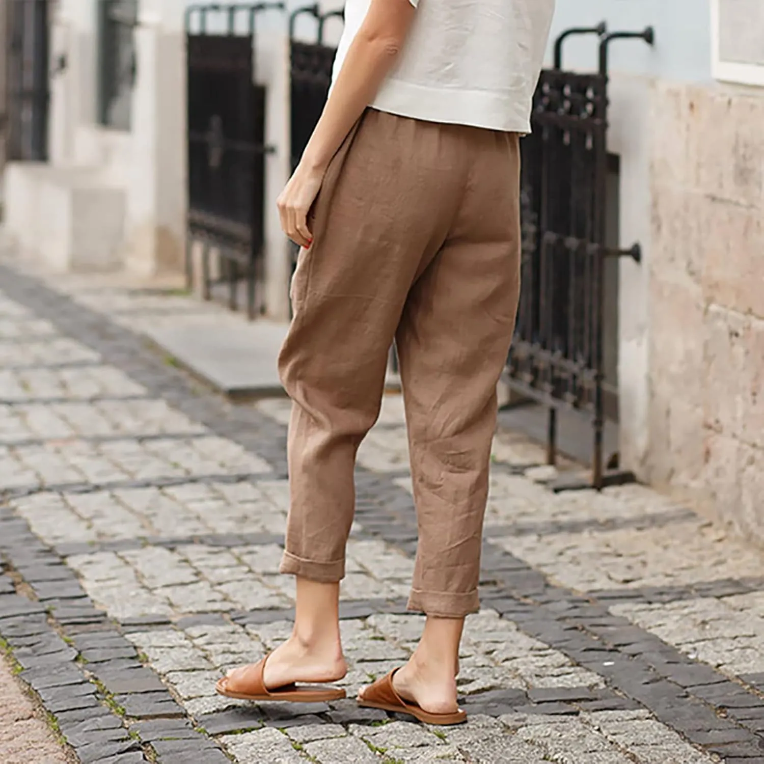 Women's Fashion Cotton Linen Trousers-Fashion Casual Elastic Slim Nine-Quarter Pants Sports Basic Straight Pants with Pockets
