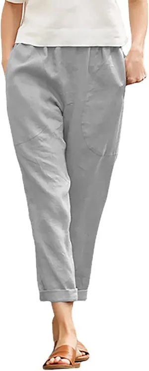Women's Fashion Cotton Linen Trousers-Fashion Casual Elastic Slim Nine-Quarter Pants Sports Basic Straight Pants with Pockets