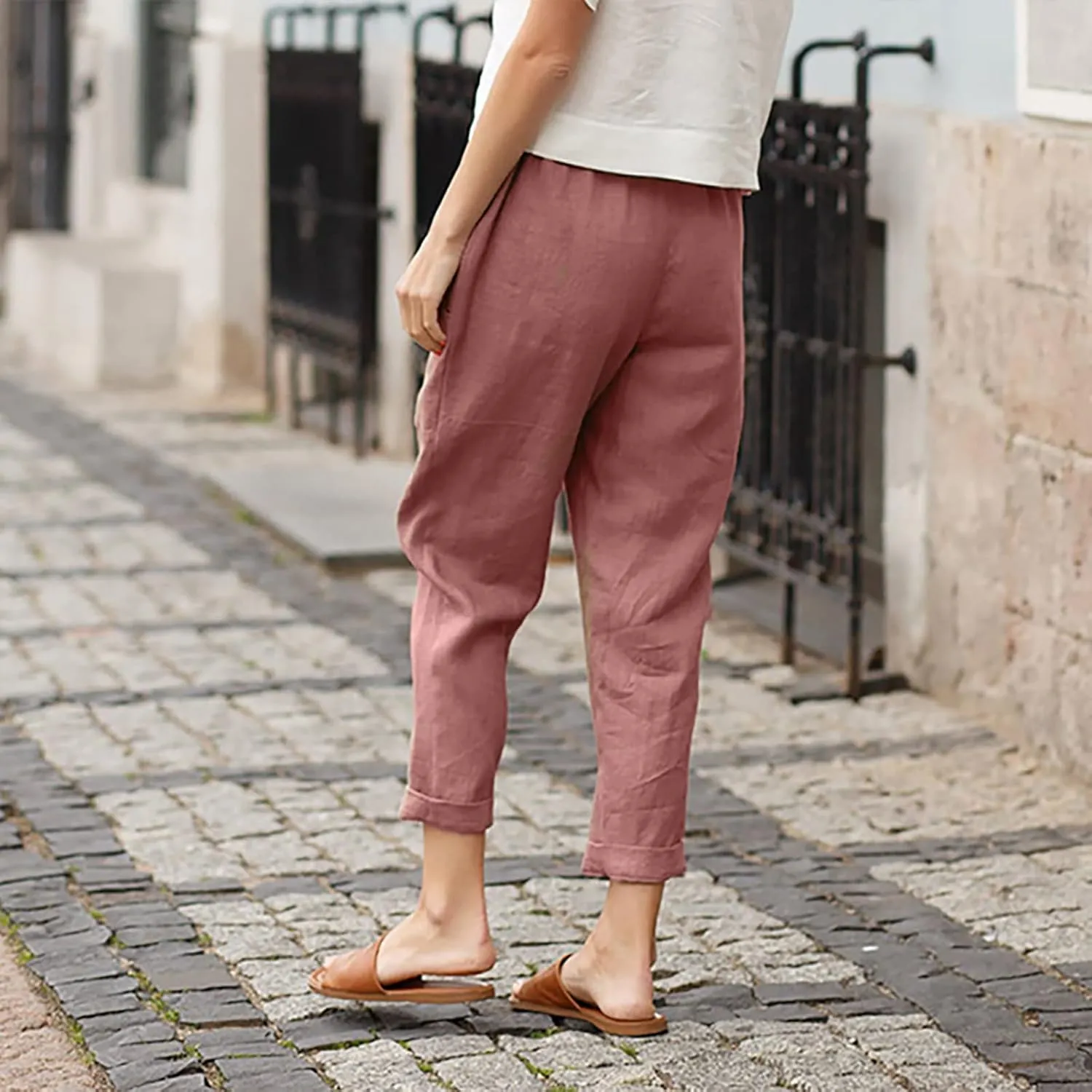 Women's Fashion Cotton Linen Trousers-Fashion Casual Elastic Slim Nine-Quarter Pants Sports Basic Straight Pants with Pockets
