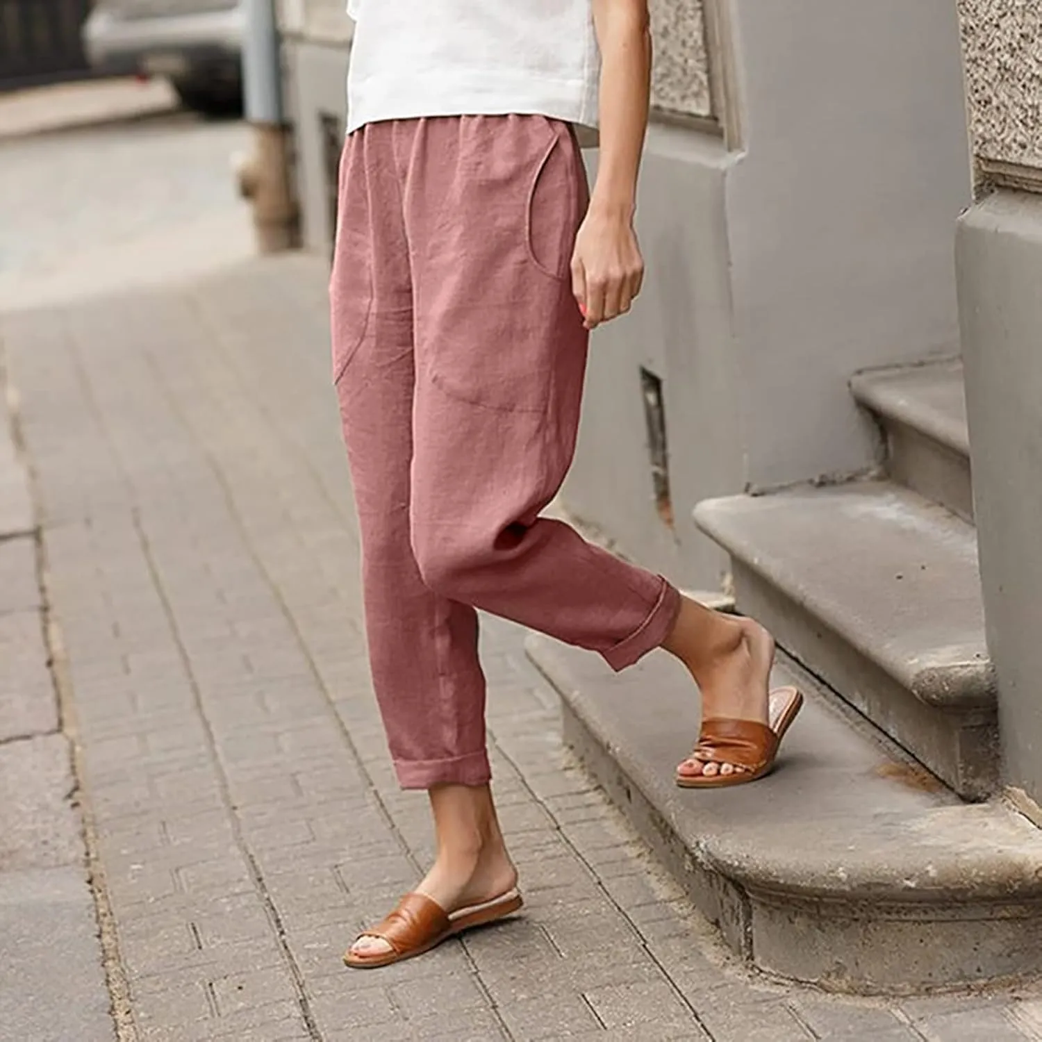 Women's Fashion Cotton Linen Trousers-Fashion Casual Elastic Slim Nine-Quarter Pants Sports Basic Straight Pants with Pockets
